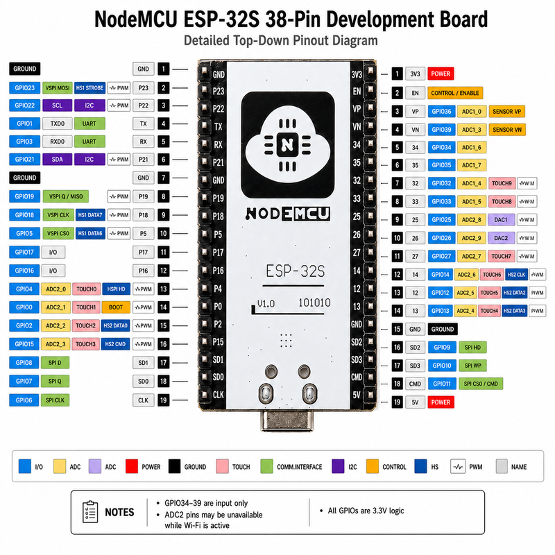 ESP32 WROOM-32 Development Board – 38-Pin NodeMCU, CP2102 USB, WiFi + Bluetooth