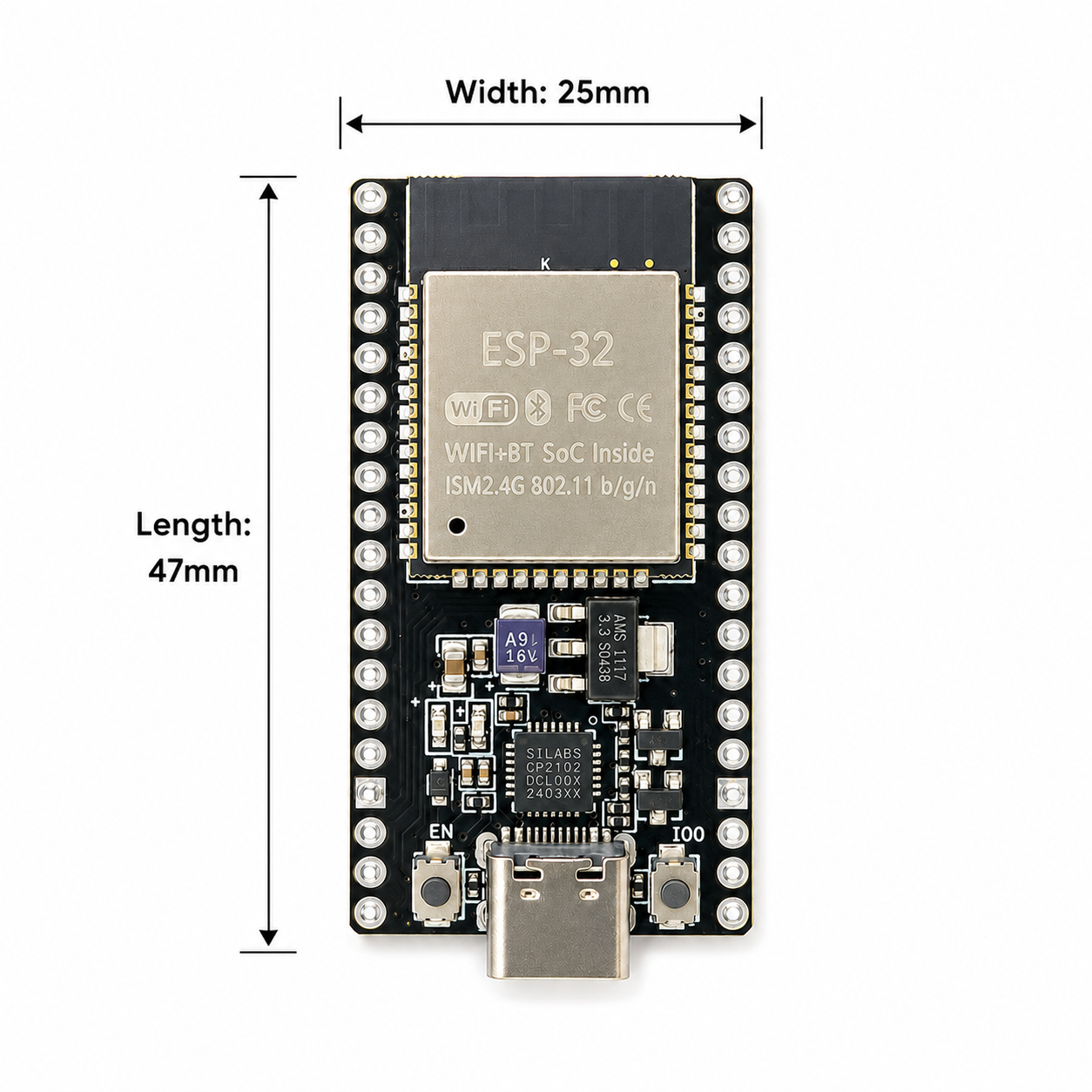 ESP32 WROOM-32 Development Board – 38-Pin NodeMCU, CP2102 USB, WiFi + Bluetooth