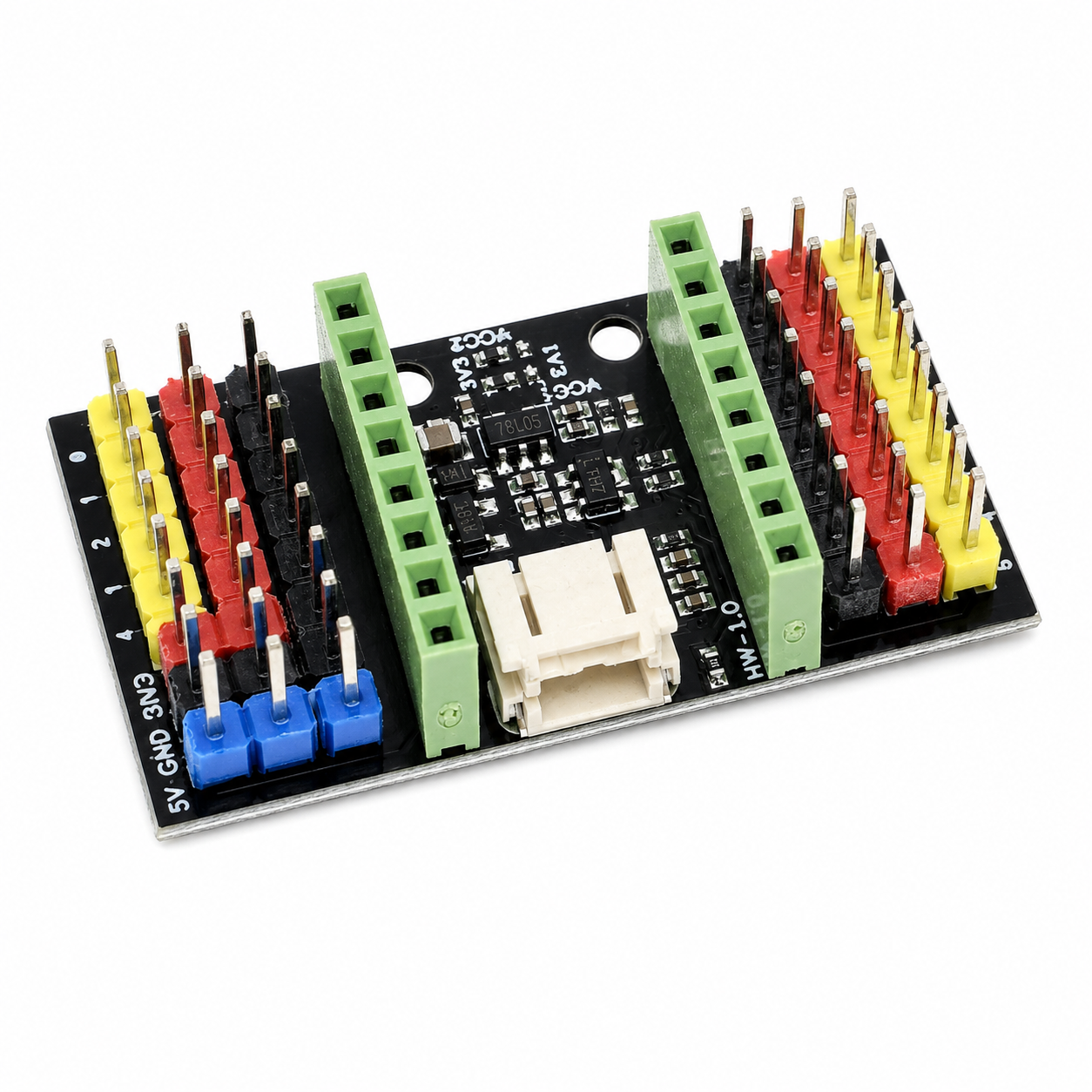 ESP32-C3 SuperMini expansion board with colour-coded signal, VCC and GND header rows