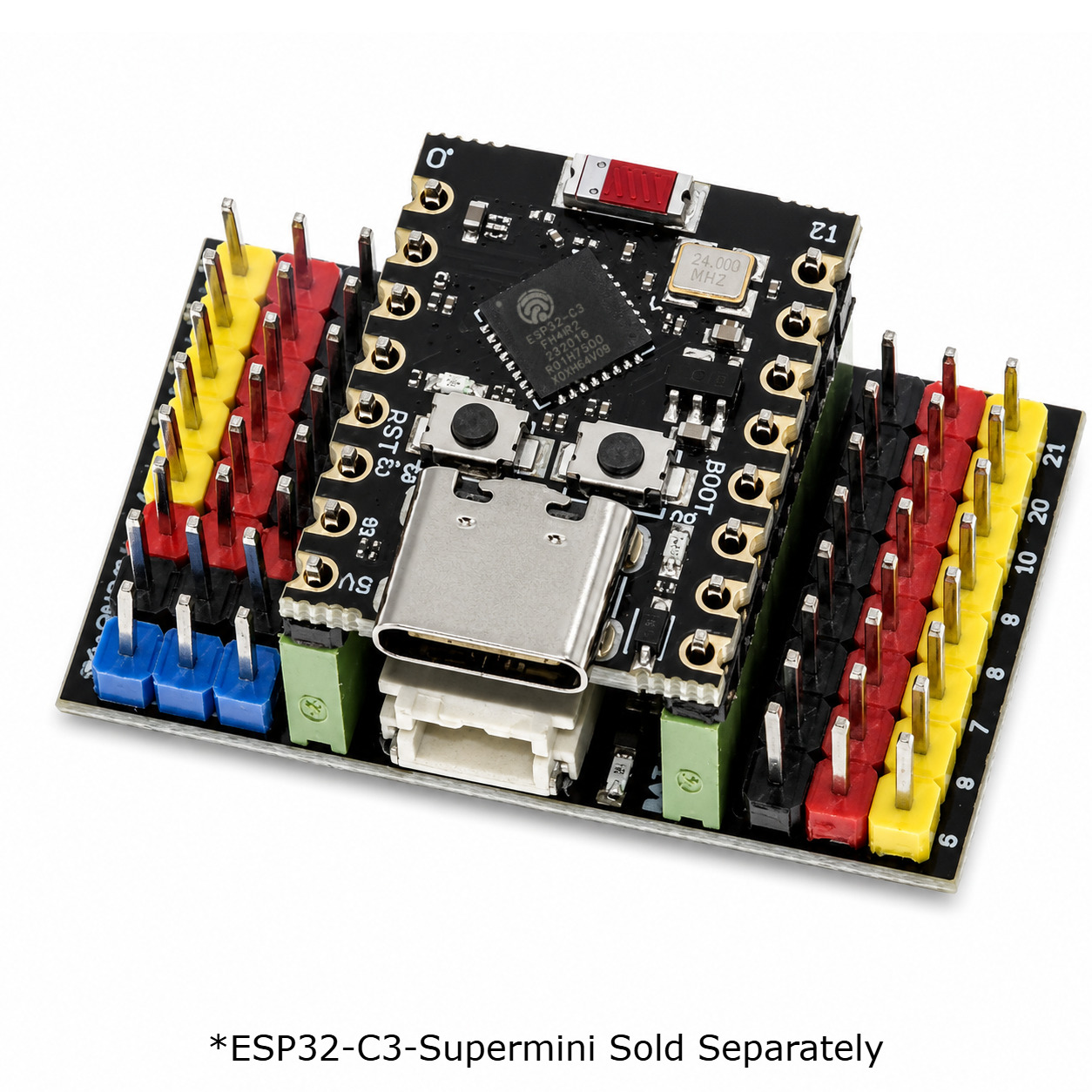 ESP32-C3 SuperMini module seated in the expansion board sockets, module sold separately