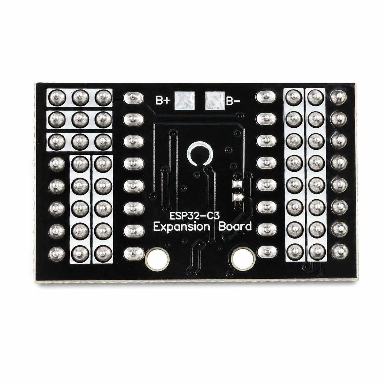 Underside of the ESP32-C3 expansion board showing the B plus and B minus battery solder pads