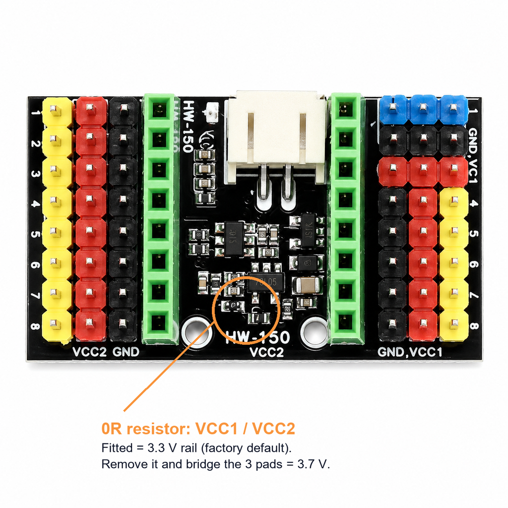 0R resistor position circled: fitted gives a 3.3V VCC rail, remove it and bridge the three pads for 3.7V