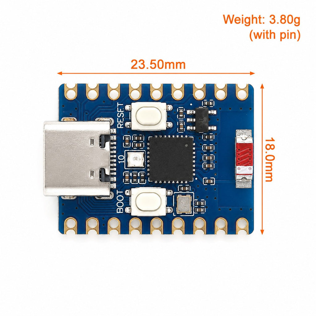 ESP32-C3 Zero dimensions drawing, 23.50 by 18.0 mm and 3.80 g with header pins