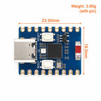 ESP32-C3 Zero dimensions drawing, 23.50 by 18.0 mm and 3.80 g with header pins