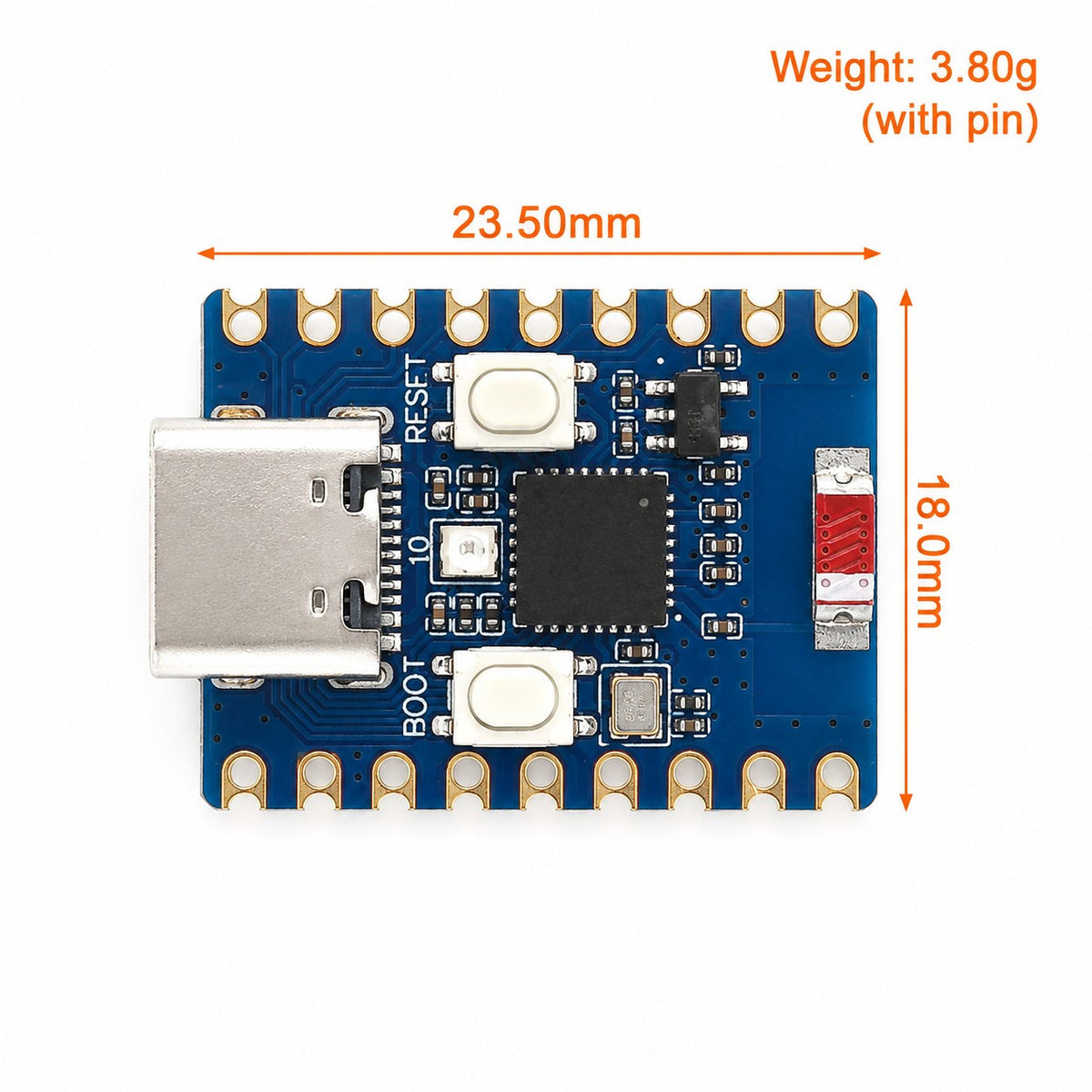 ESP32-C3 Zero dimensions drawing, 23.50 by 18.0 mm and 3.80 g with header pins