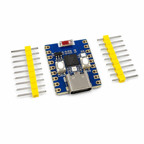 ESP32-C3 Zero development board with the two loose 9-pin 2.54mm male header strips supplied with it