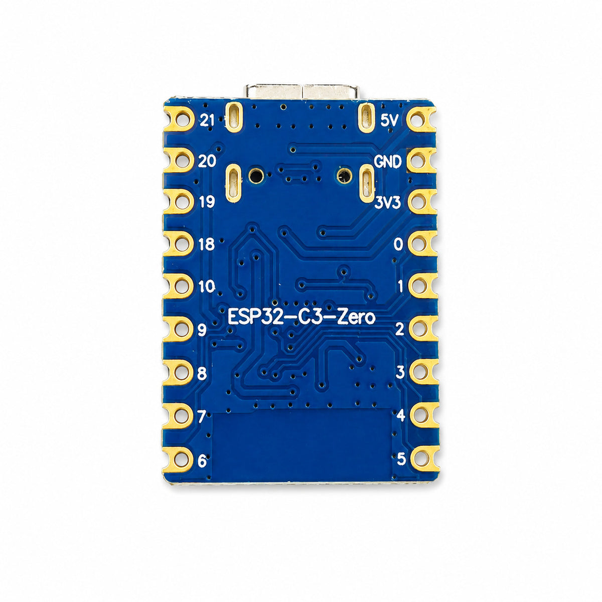 Underside of the ESP32-C3 Zero silkscreened with every pad: 5V, GND, 3V3 and GPIO 0 to 10 plus 18 to 21
