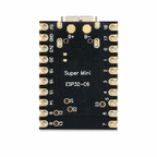 Underside of the ESP32-C6 SuperMini showing the B+ and B- battery solder pads and the GPIO number silkscreened for every pad