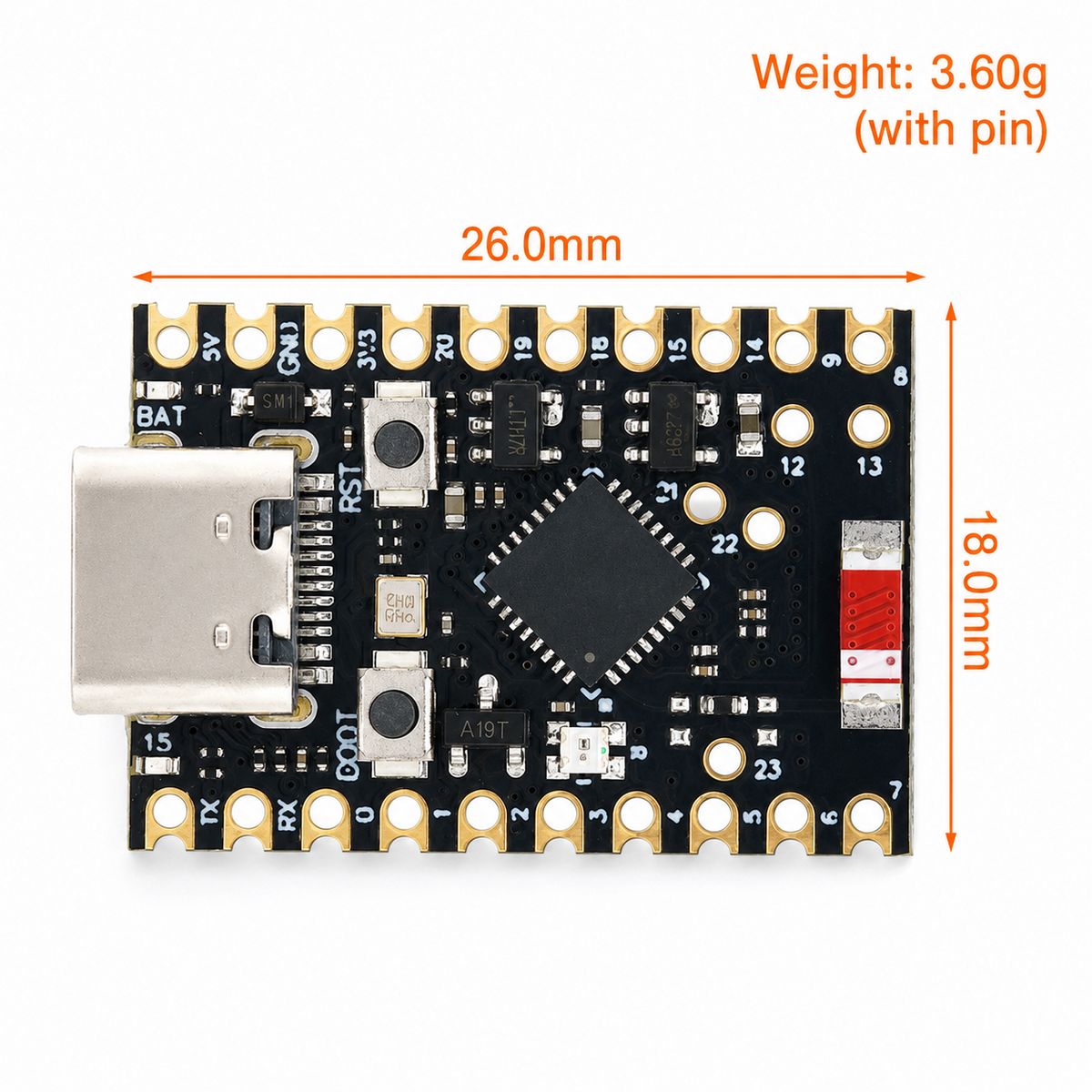 ESP32-C6 SuperMini dimensions, 26.0 x 18.0mm and 3.6g with headers fitted