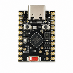Top of the ESP32-C6 SuperMini showing the BOOT and RESET buttons, ceramic antenna and both 10-pad castellated rails