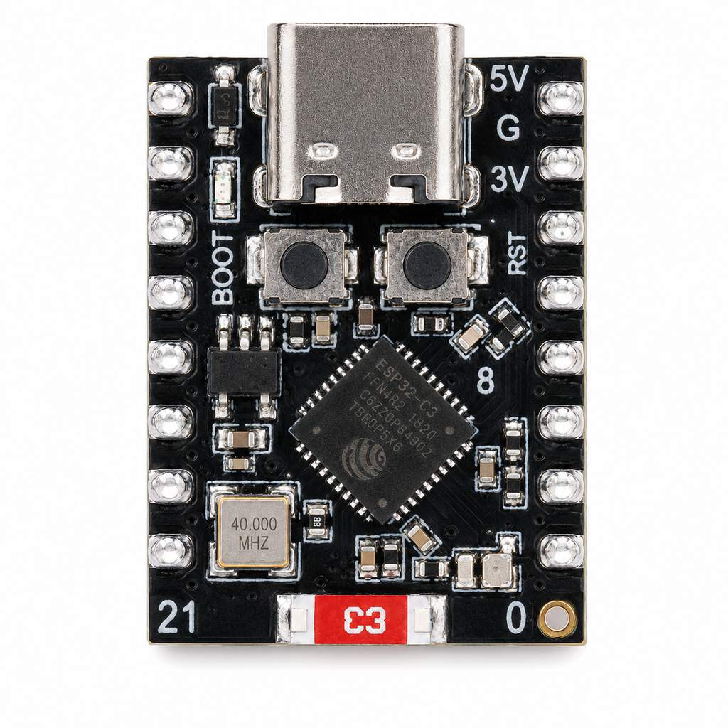 Top-down view of the chip side of the ESP32-C3 SuperMini board with USB-C port and onboard PCB antenna