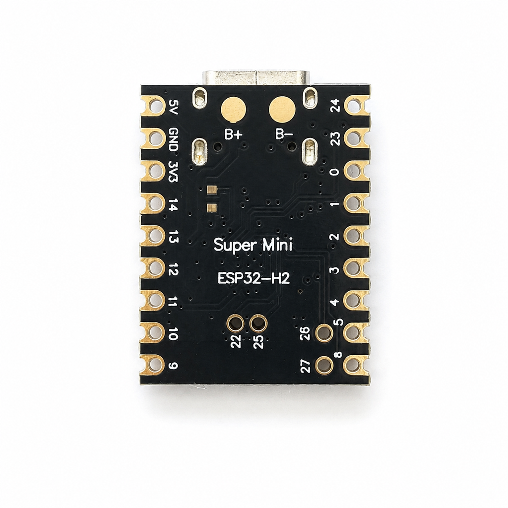 Underside of the ESP32-H2 SuperMini showing the B+ and B- battery solder pads and the GPIO number for every castellated pad