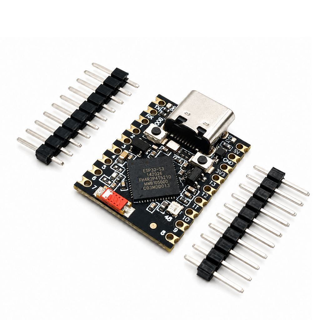 Angled view of the ESP32-S3 SuperMini showing the ESP32-S3FH4R2 chip marking, USB-C port and both castellated rails