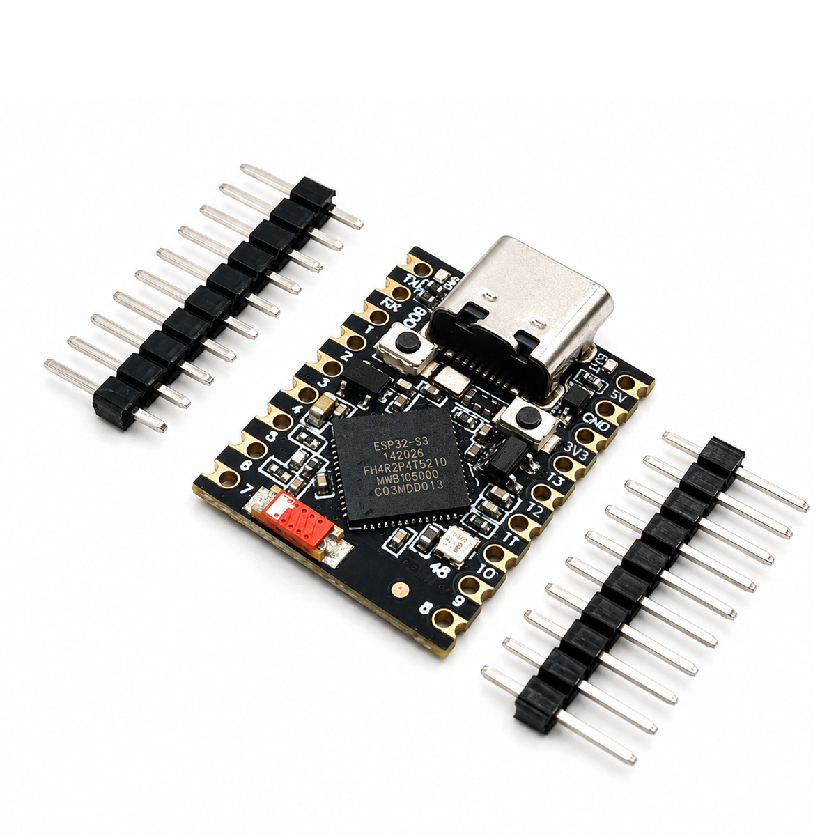 Angled view of the ESP32-S3 SuperMini showing the ESP32-S3FH4R2 chip marking, USB-C port and both castellated rails