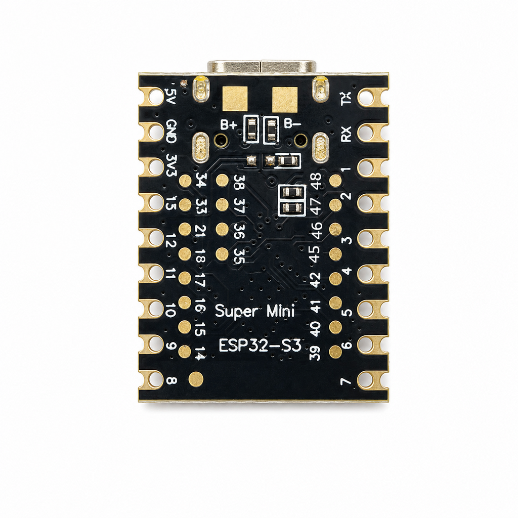 Underside of the ESP32-S3 SuperMini showing the 20 numbered GPIO solder pads and the B+ and B- battery pads