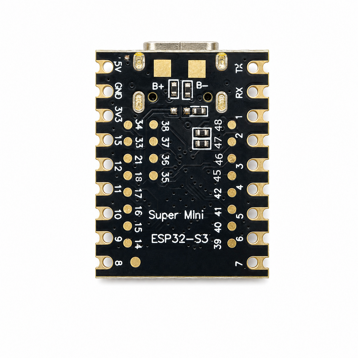 Underside of the ESP32-S3 SuperMini showing the 20 numbered GPIO solder pads and the B+ and B- battery pads
