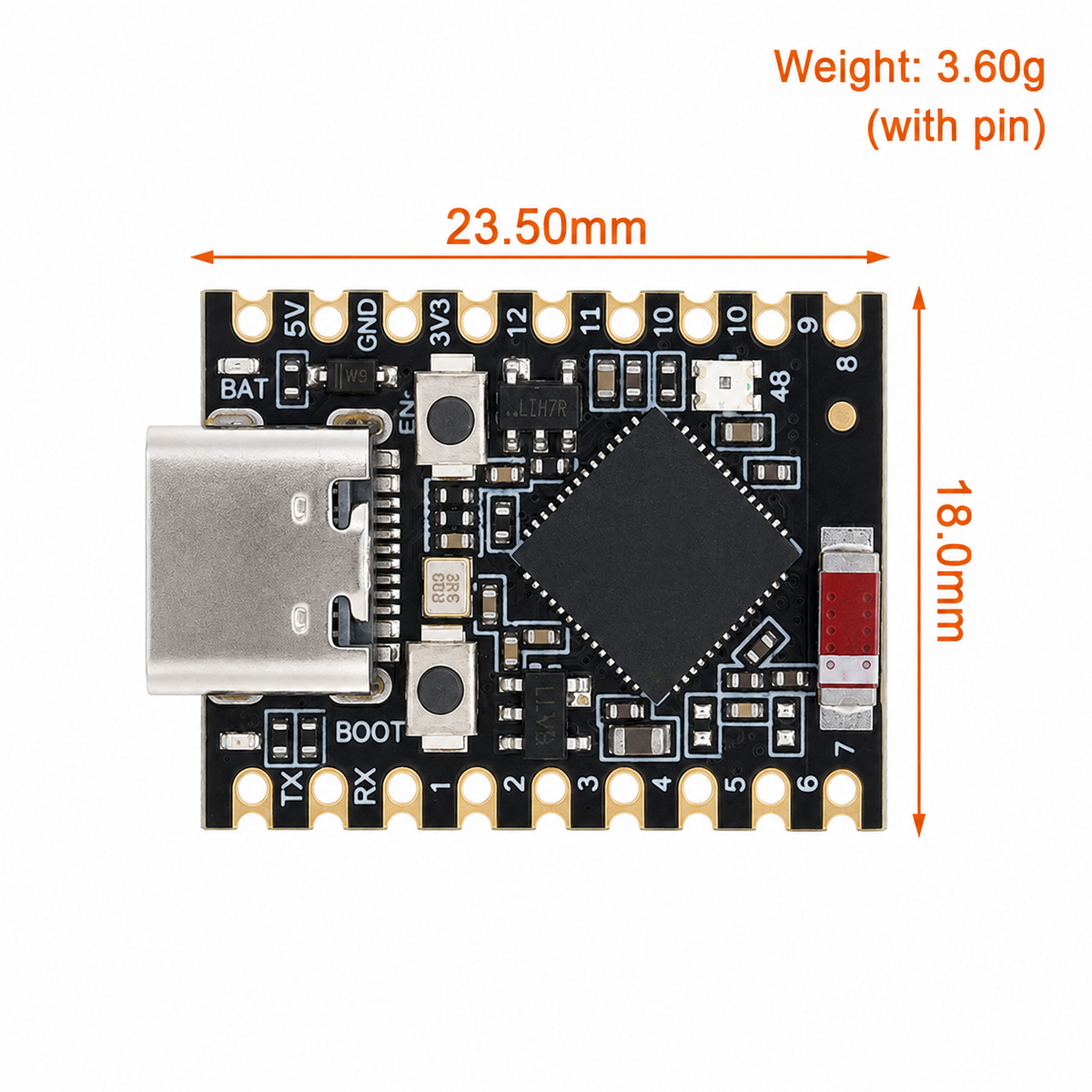 ESP32-S3 SuperMini dimensions, 23.50 x 18.0mm and 3.60g with headers fitted