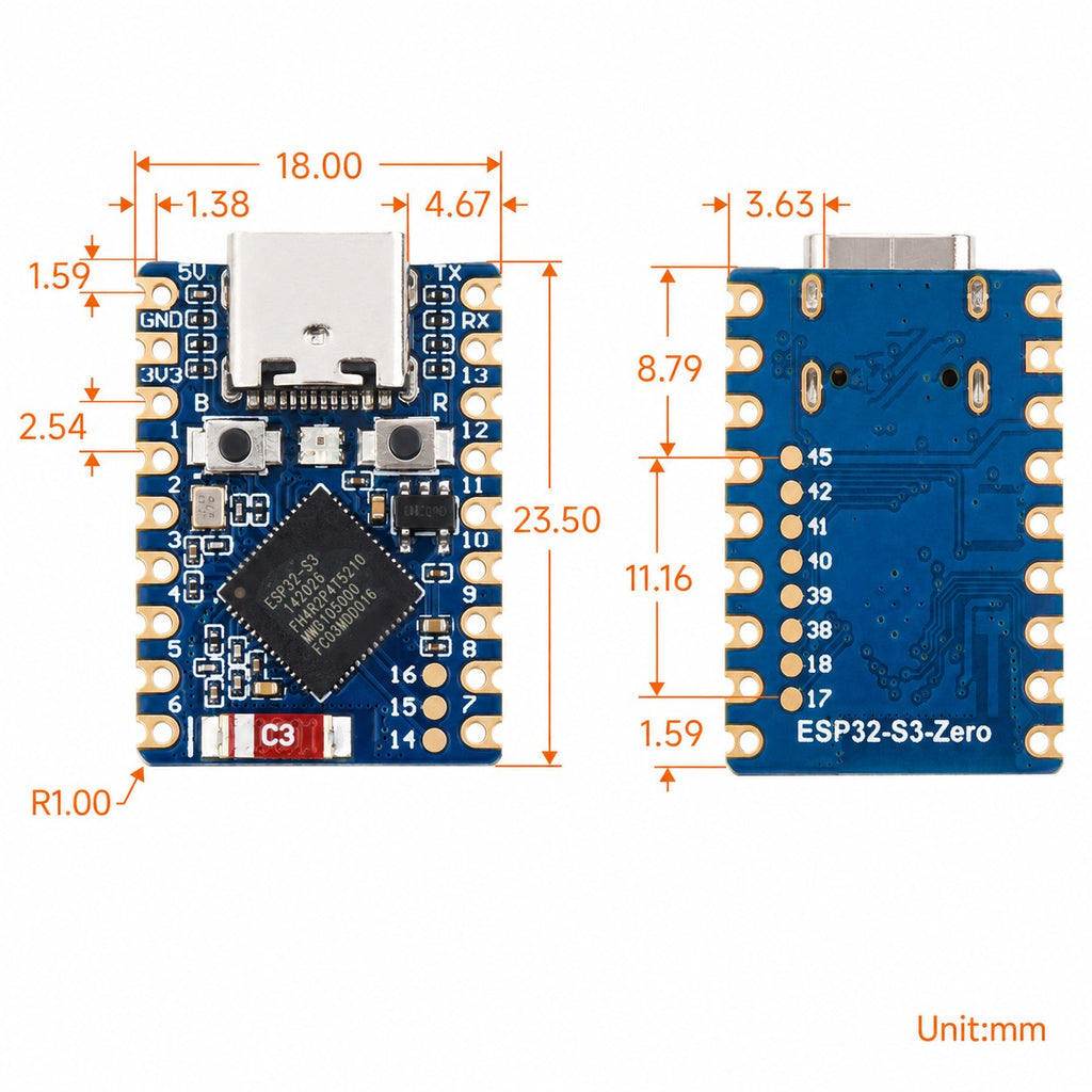 ESP32-S3 Zero dimensions drawing, 18.0 by 23.5 mm with 2.54 mm pin pitch