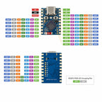 ESP32-S3 Zero pinout diagram with front rails, inner pads and rear pads labelled by GPIO and peripheral function