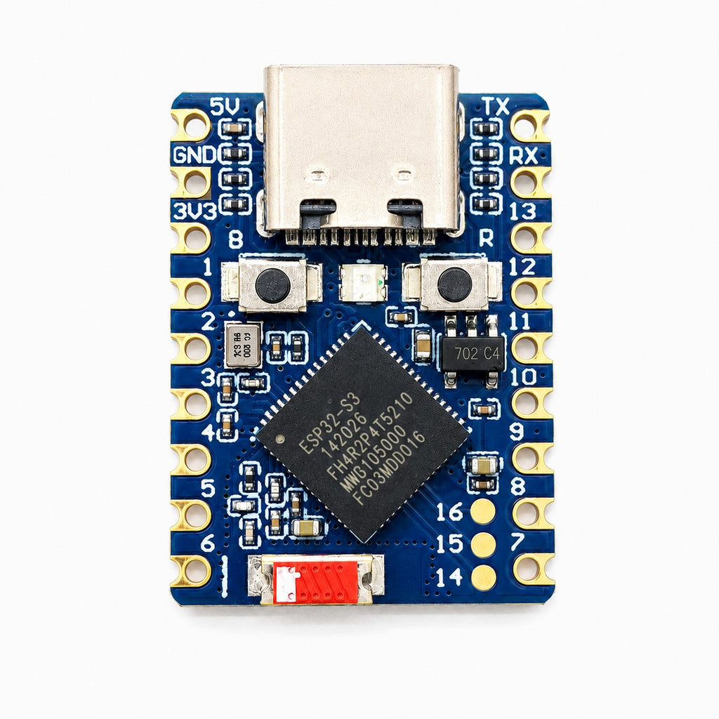 Top view of the ESP32-S3 Zero showing the USB-C port, BOOT and RESET buttons, RGB LED and ceramic antenna