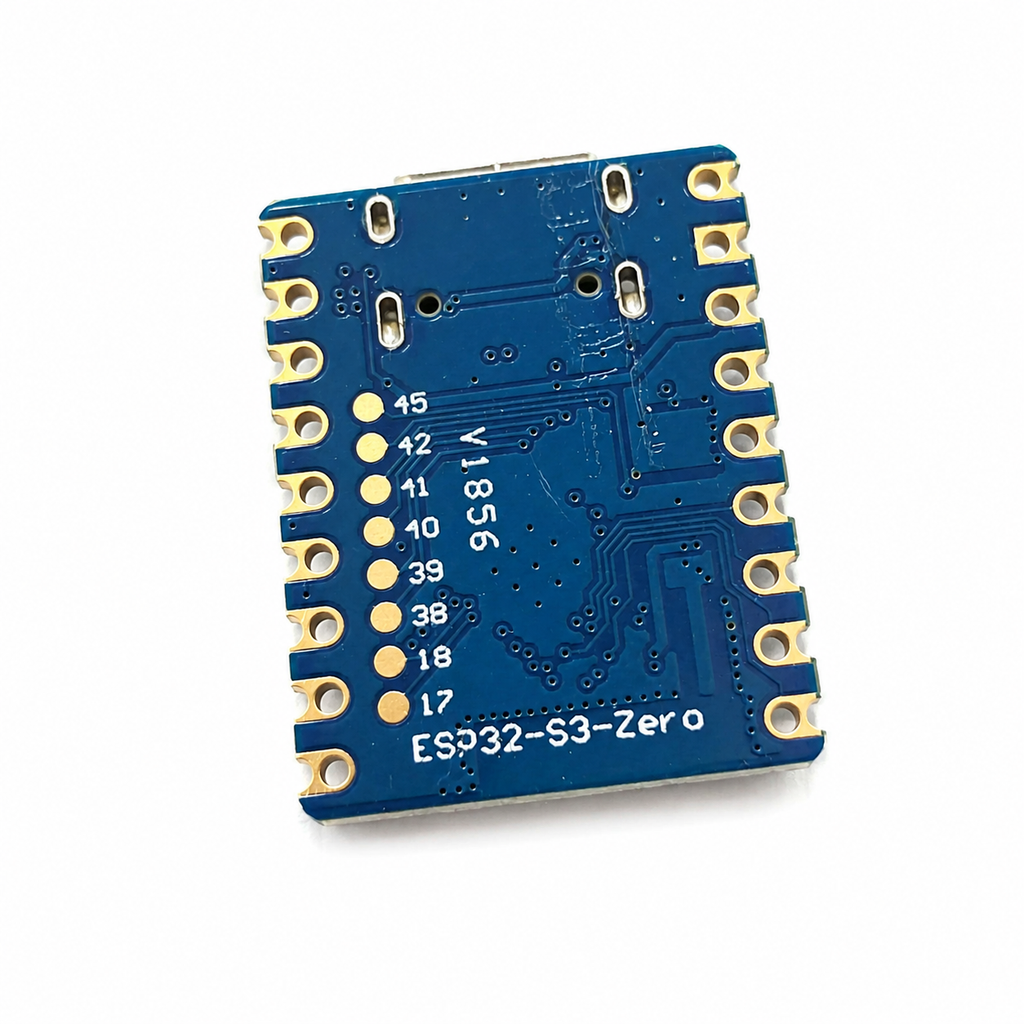 Underside of the ESP32-S3 Zero showing the eight rear GPIO pads 45, 42, 41, 40, 39, 38, 18 and 17