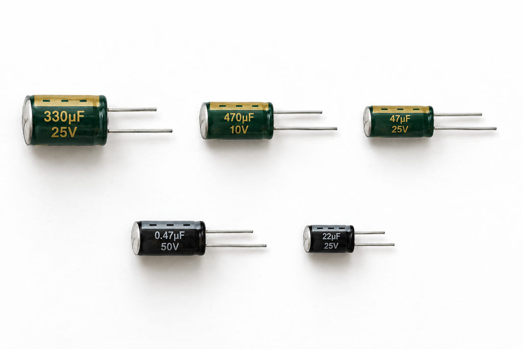 Five capacitors from the kit, 330µF 25V, 470µF 10V, 47µF 25V, 0.47µF 50V and 22µF 25V, showing the printed values and the negative stripe