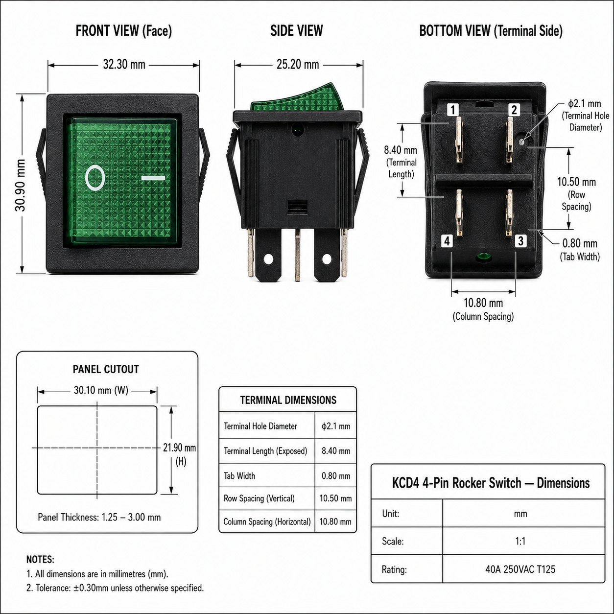 16A KCD4 Heavy Duty Rocker Switch – DPST 250VAC