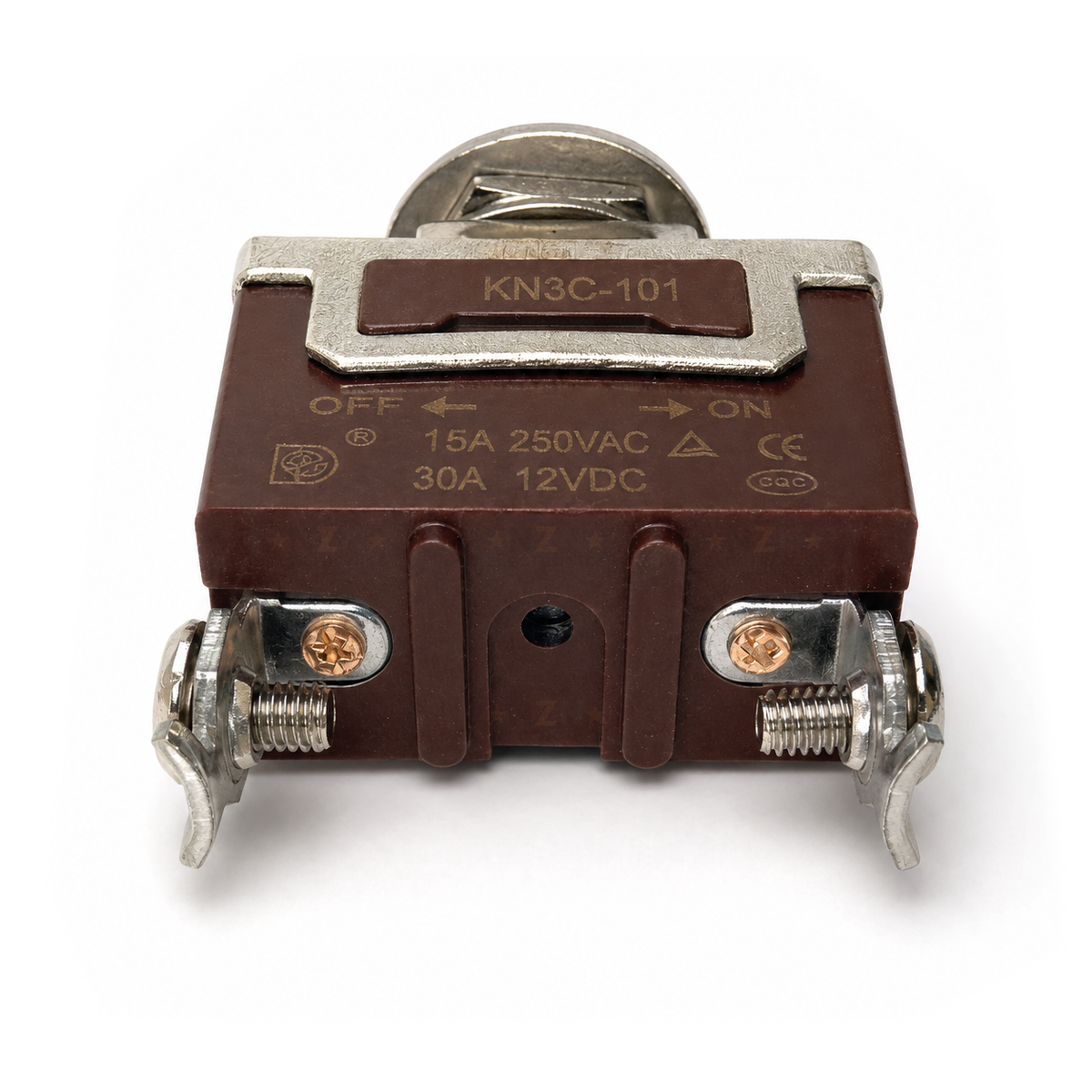 Angled underside of KN3C-101 showing two screw terminals and marked AC and DC ratings