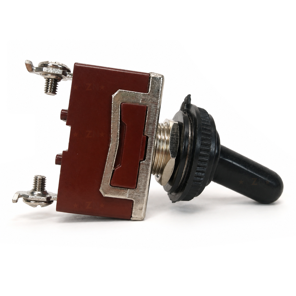Side view of KN3C-101 toggle switch with rubber boot fitted over the lever