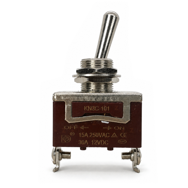 KN3C-101 toggle switch with metal lever, mounting nuts and two screw terminals, shown close up
