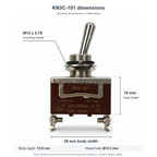 KN3C-101 nominal dimensions: 29 x 15.8 x 19 mm body, M12 x 0.75 mounting thread and 12.2 mm panel hole
