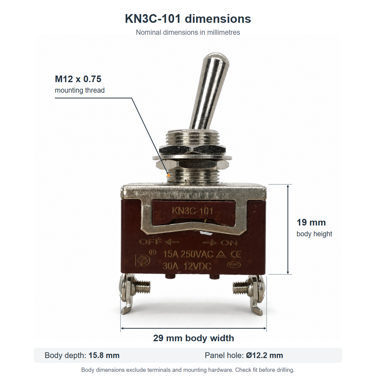 KN3C-101 nominal dimensions: 29 x 15.8 x 19 mm body, M12 x 0.75 mounting thread and 12.2 mm panel hole