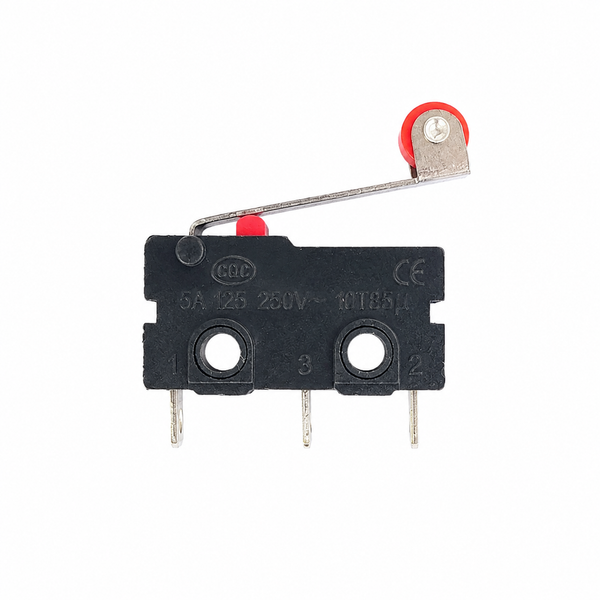 KW11-3Z micro limit switch with roller lever, front view showing 5A 250VAC rating and 3 pins