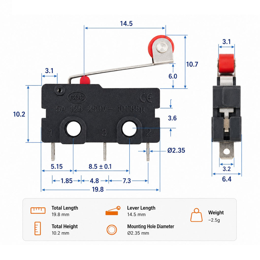 KW11-3Z roller lever micro switch dimensions: 19.8 x 10.2 x 6.4 mm body, 14.5 mm lever, 2.35 mm mounting holes