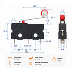 KW11-3Z roller lever micro switch dimensions: 19.8 x 10.2 x 6.4 mm body, 14.5 mm lever, 2.35 mm mounting holes