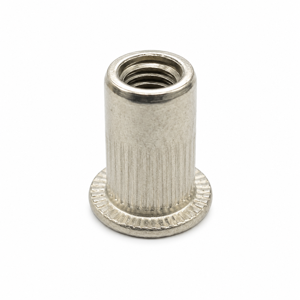 M3 aluminium rivnut standing upright showing the M3 threaded bore and flat head flange