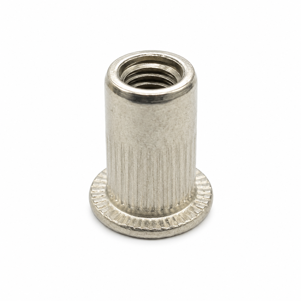 M3 aluminium rivnut standing upright showing the M3 threaded bore and flat head flange
