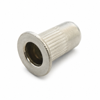 M3 aluminium flat head rivnut with knurled anti-spin body, angled view
