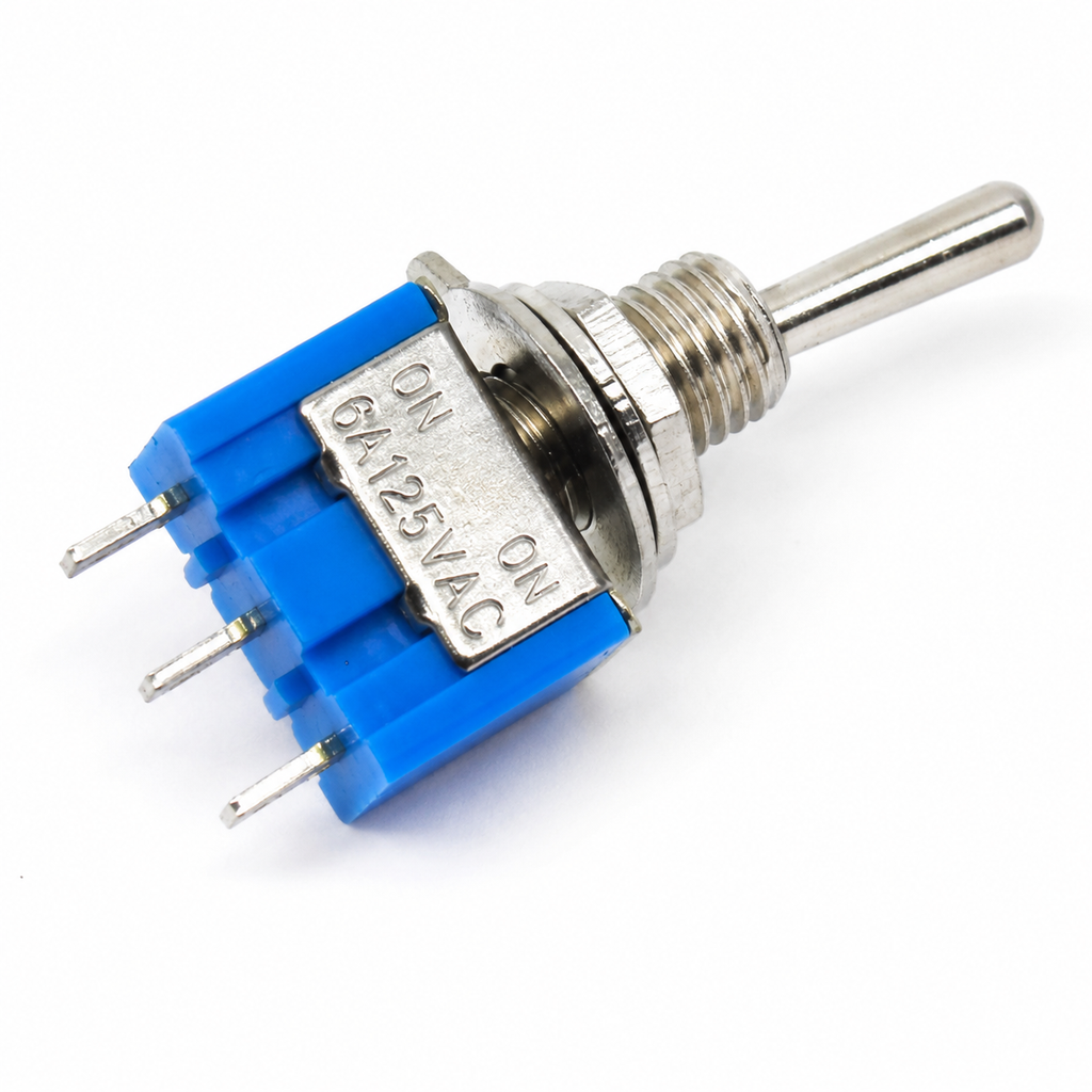 MTS-102 Mini Toggle Switch – SPDT ON-ON 250VAC, angled back view showing panel mount threading and solder lug pins