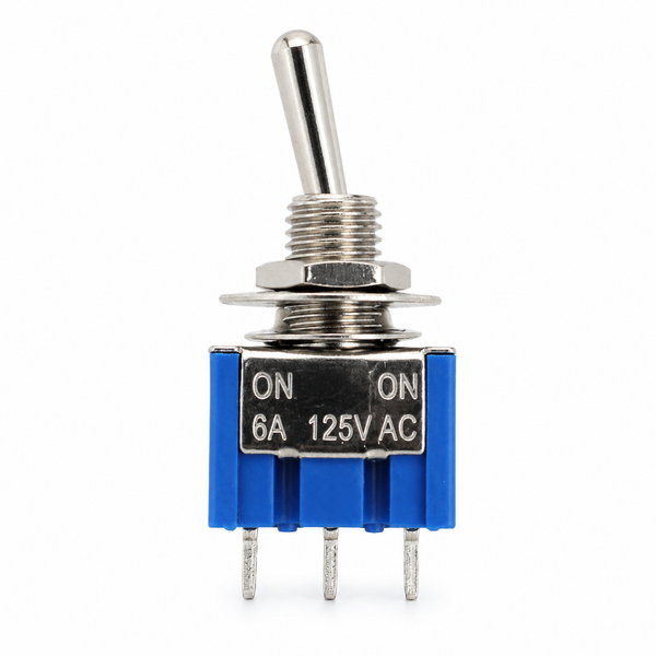 MTS-102 Mini Toggle Switch – SPDT ON-ON 250VAC, front view showing toggle lever and 3-pin terminals