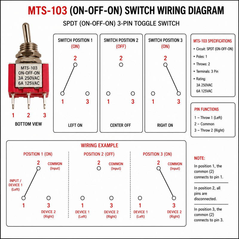 MTS-103 Mini Toggle Switch – SPDT ON-OFF-ON 250VAC