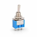 MTS-103 mini toggle switch, angled view showing the chrome lever, mounting nut and ON OFF ON 6A 125VAC marking