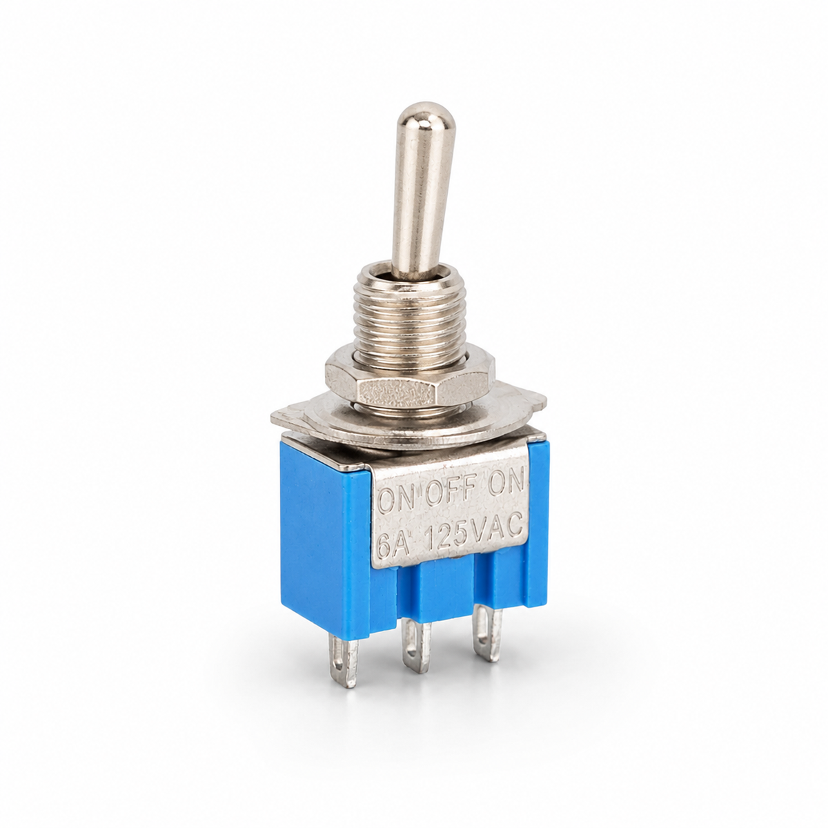 MTS-103 mini toggle switch, angled view showing the chrome lever, mounting nut and ON OFF ON 6A 125VAC marking