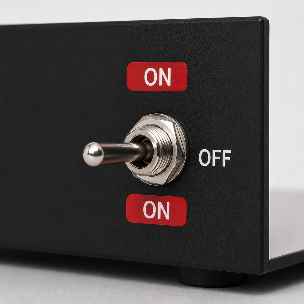 MTS-103 toggle switch panel mounted in a black enclosure with ON, OFF and ON labels