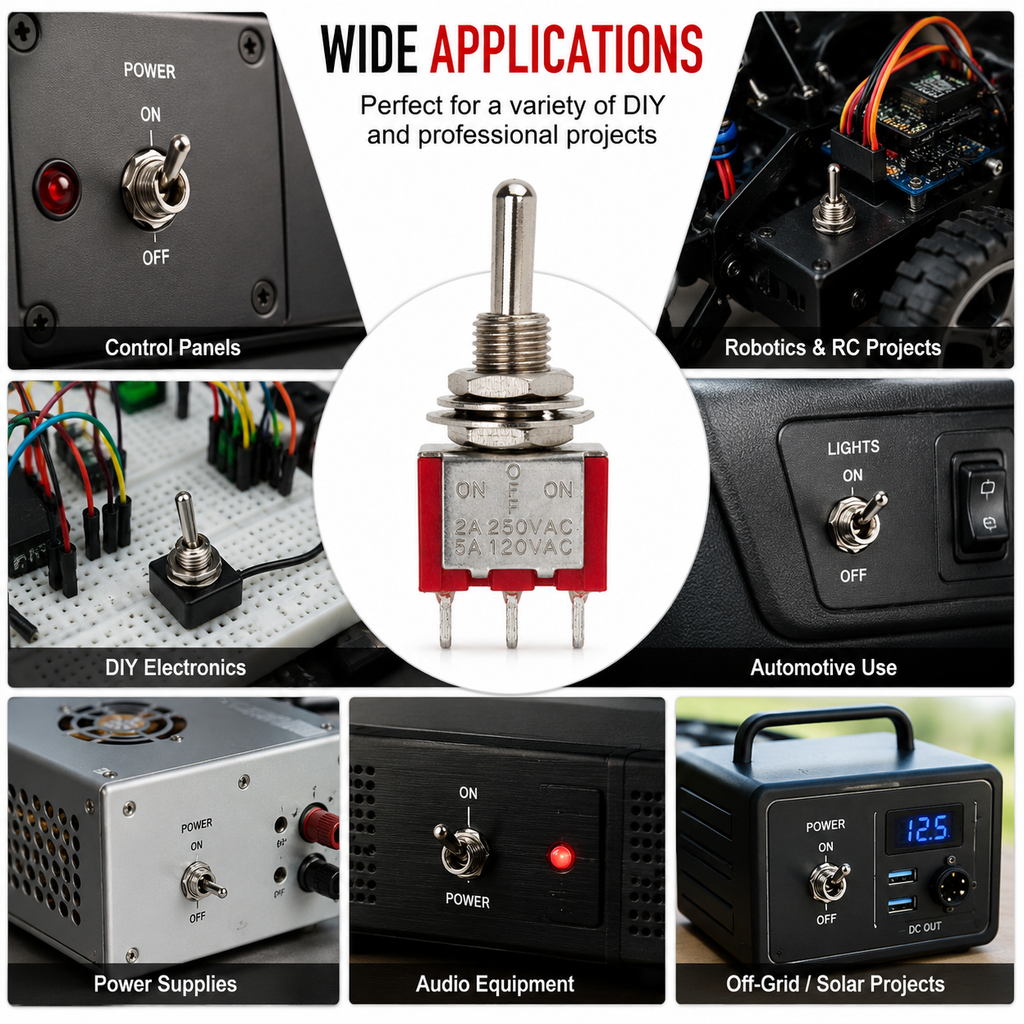 Red MTS-103 toggle switch shown in control panels, RC projects, DIY electronics, automotive dashes, power supplies and off-grid builds