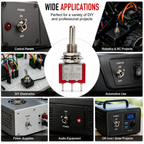Red MTS-103 toggle switch shown in control panels, RC projects, DIY electronics, automotive dashes, power supplies and off-grid builds