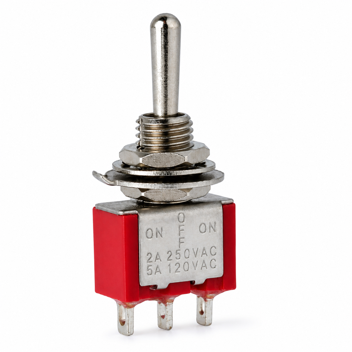 MTS-103 mini toggle switch with a red body, chrome lever and two mounting nuts, marked ON OFF ON 2A 250VAC 5A 120VAC