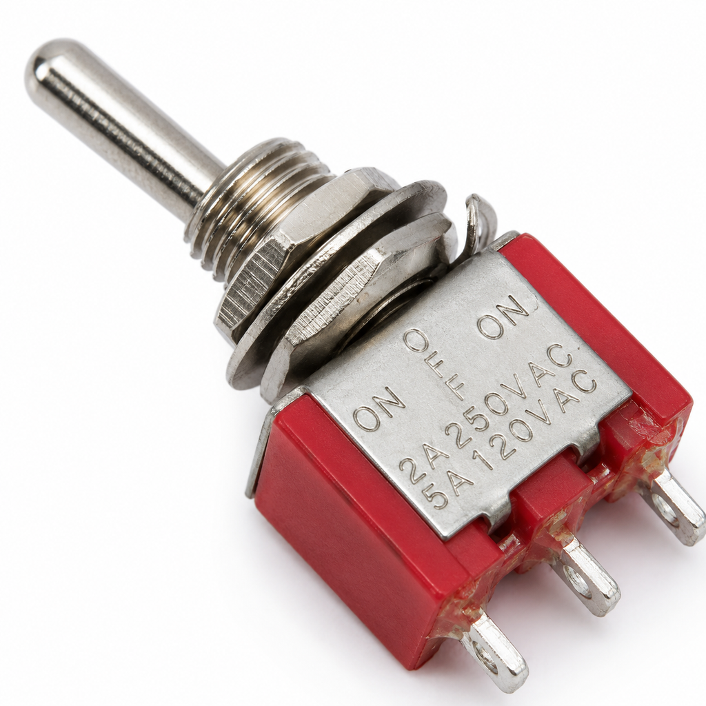 Close up of the red MTS-103 showing the ON OFF ON, 2A 250VAC and 5A 120VAC markings and the three solder lug pins