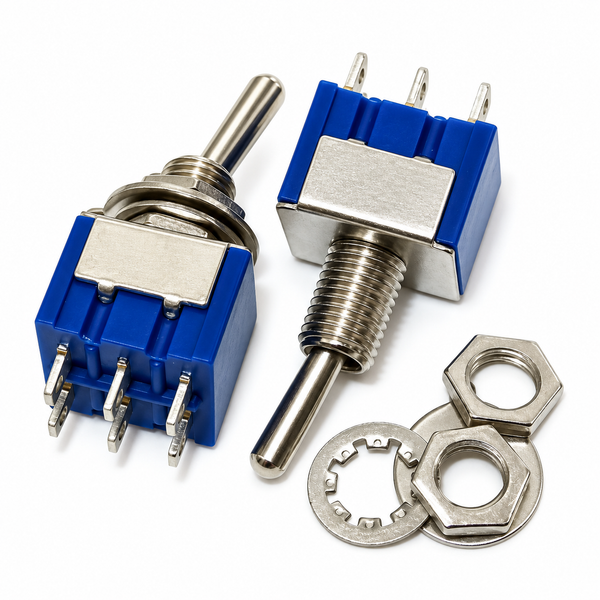 Two MTS-202 / MTS-203 DPDT 6-pin mini toggle switches with blue housing, shown with included mounting nuts and lock washers