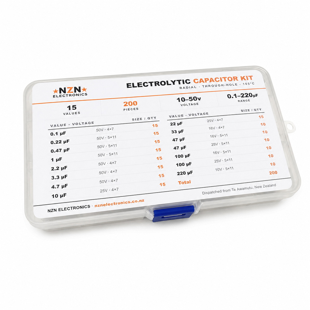 Electrolytic capacitor kit, 200 pieces across 15 values (0.1µF to 220µF, 10-50V) - NZN Electronics NZ
